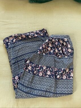 Ecote Navy Floral Print wide leg pants with Rust and Cream Accents